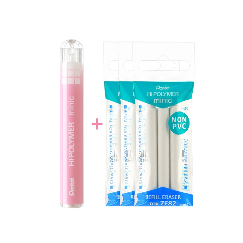 Pentel ZE82 Hi-POLYMER Minic Retractable Eraser with 9 Refills Pink