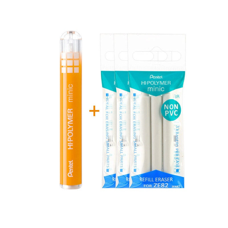 Pentel ZE82 Hi-POLYMER Minic Retractable Eraser with 9 Refills Orange