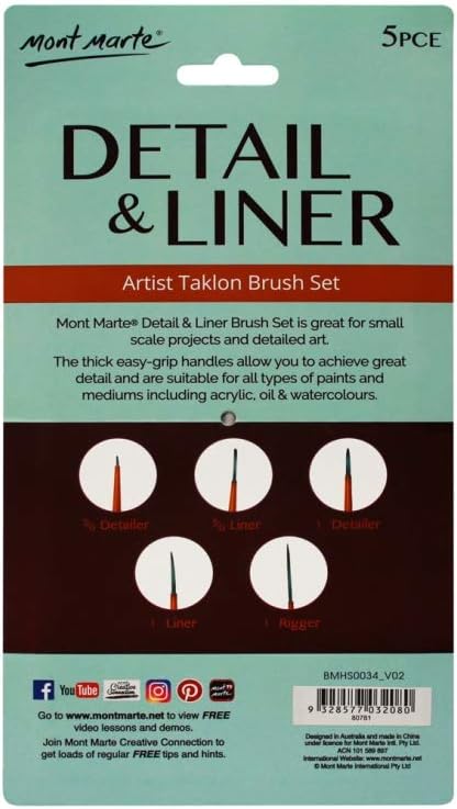 Mont Marte 5pcs Detailed Liner Artist Taklon Brush Set