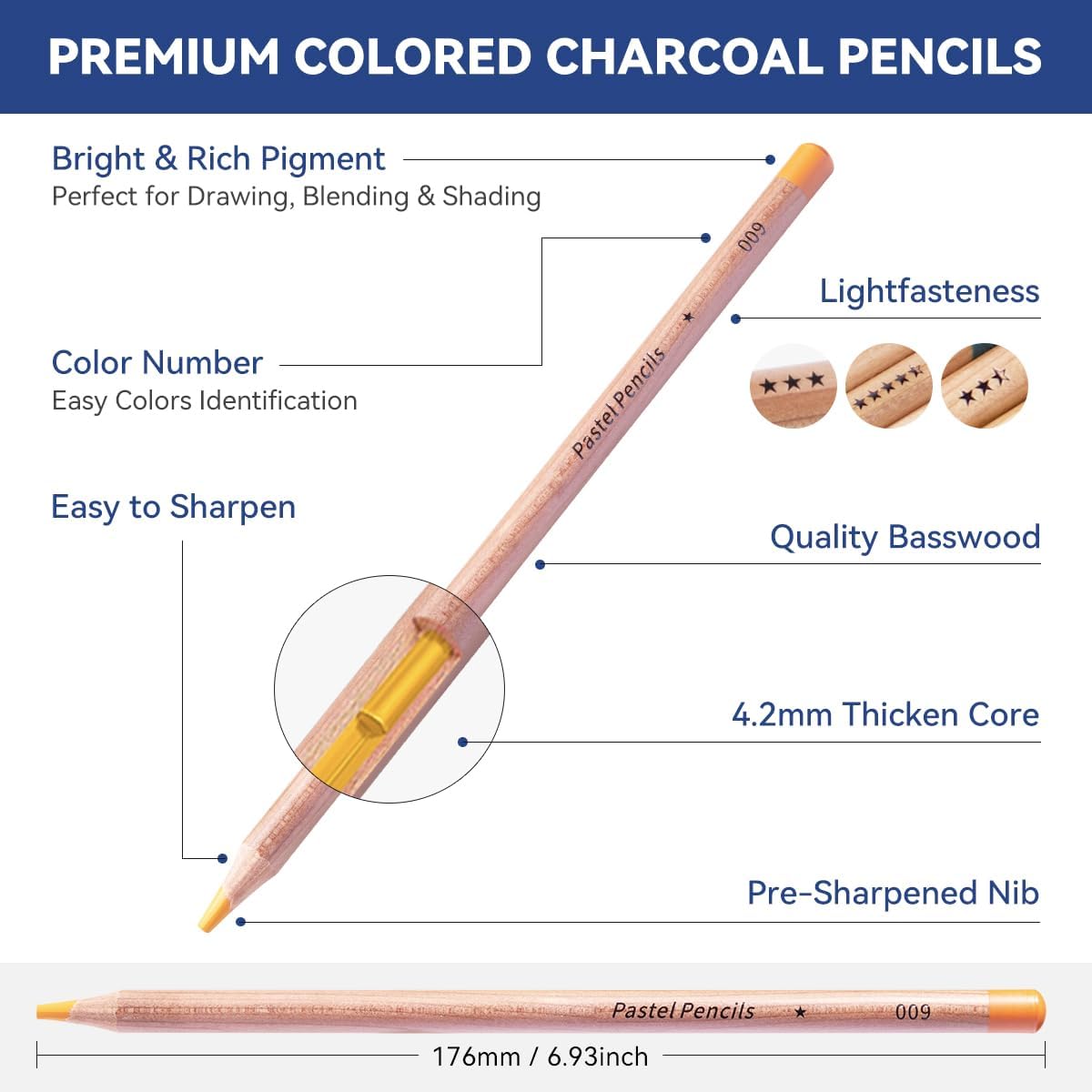 NYONI Professional 24 Pastel Chalk Colored Charcoal Pencils