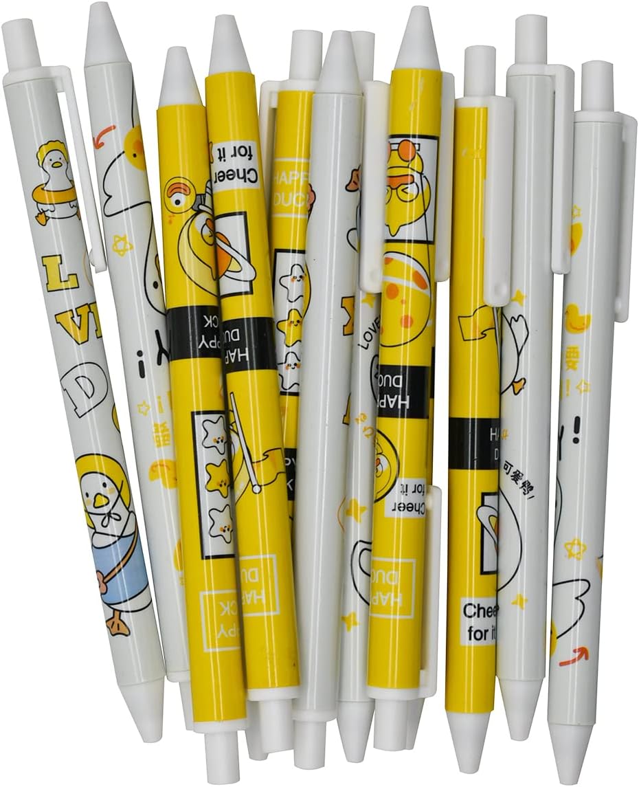 12PCS Little Yellow Duck Print Retractable Gel Pens Black Ink For Kids