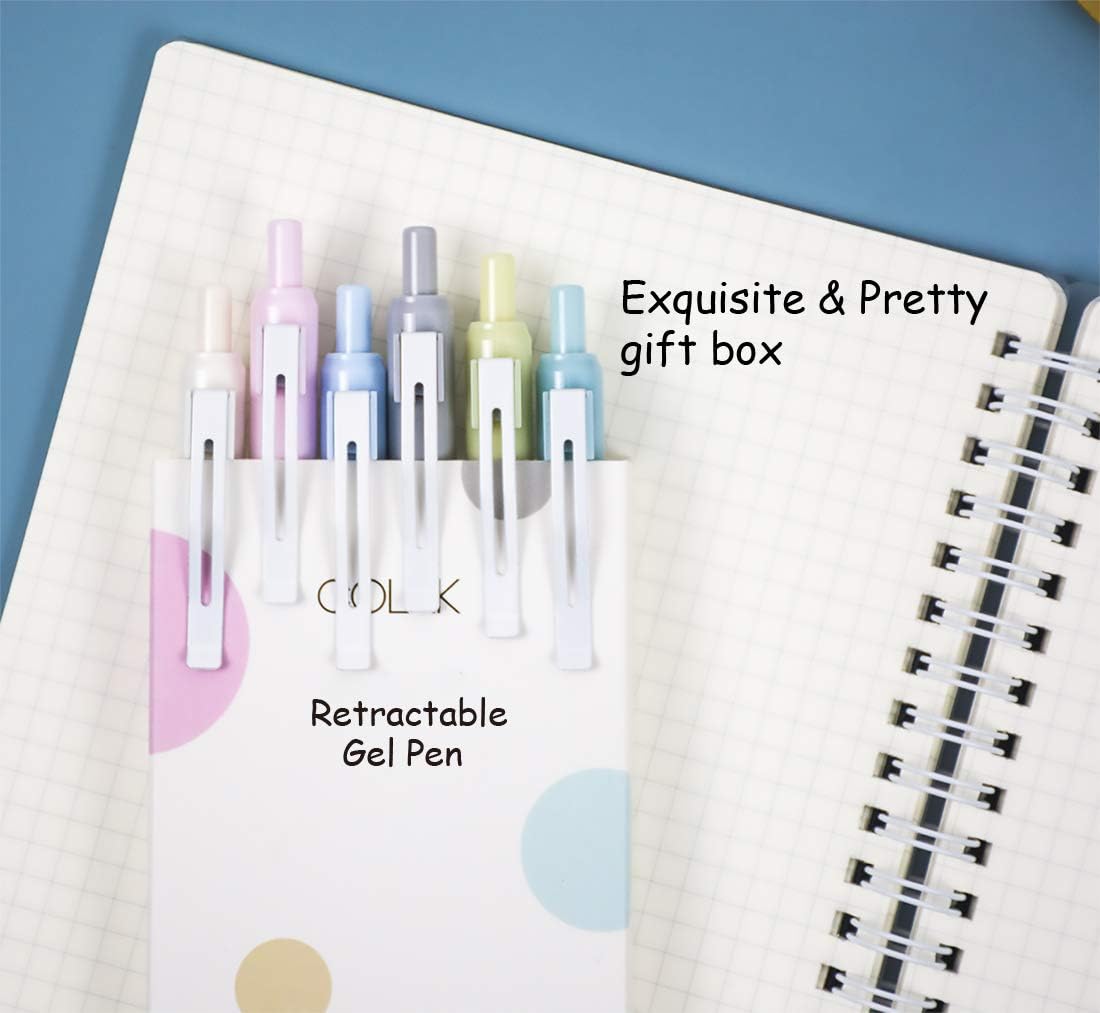COLNK Retractable Gel Pens Black Ink,Fine Point 0.5mm Cute Writing Pen with Soft Comfort Grip,Nice Pastel Pens Barrel, 6-Count