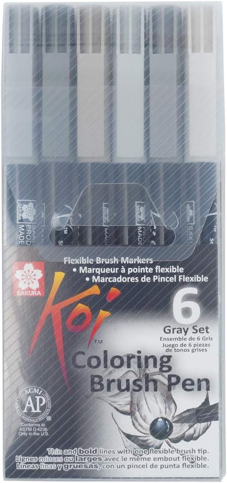 SAKURA Koi Colouring Brush Pen Set 6 Grey Pens