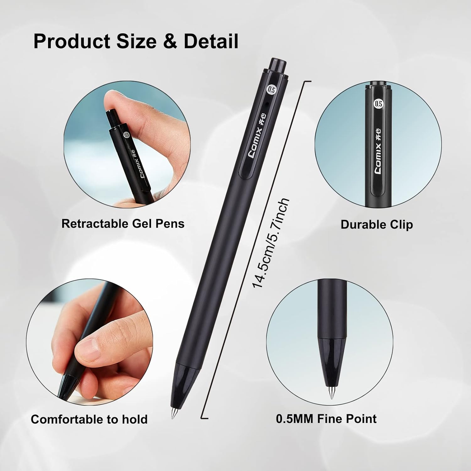 Comix 12pcs Retractable Gel Pens,Black Ink,0.5mm Medium Point