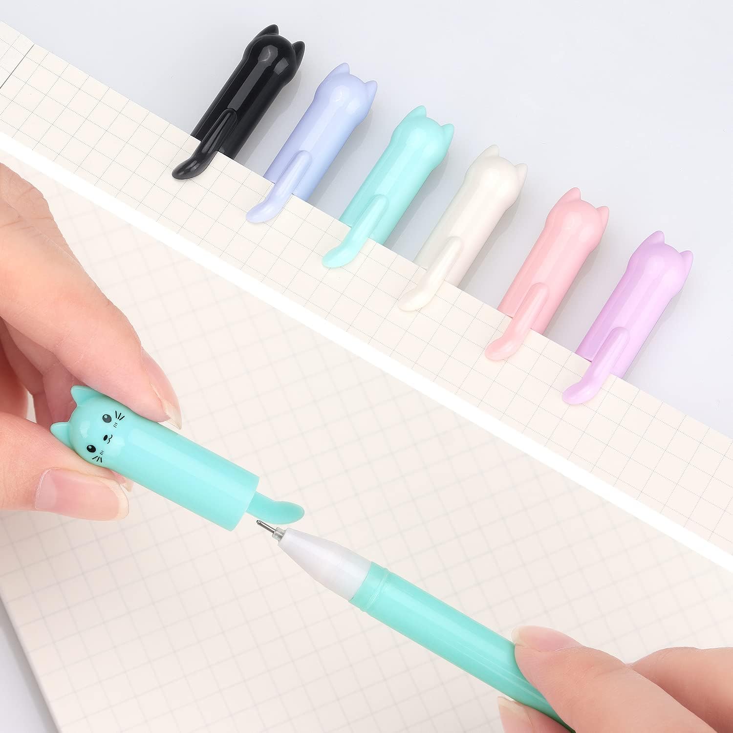 6 Pack Colorful Cat Kawaii Gel Pens 0.5mm Black Ink