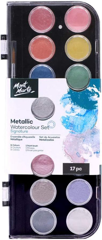 MONT MARTE Metallic Watercolor Pearl Paint Set,16 Colors,1 Paint Brush