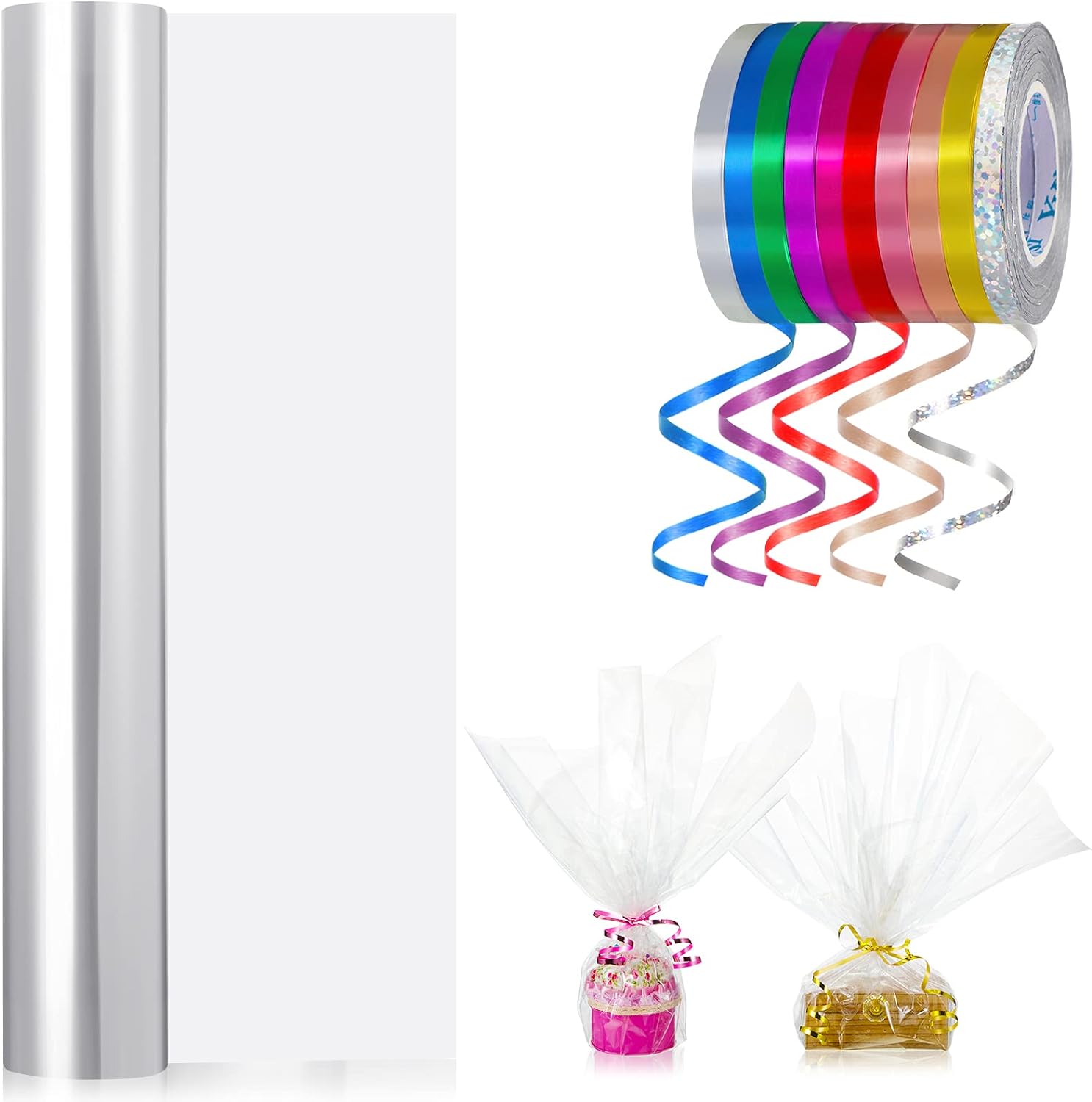 31.5 Inch x 100 Ft Gift Cellophane Wrap Roll with Colorful Curling Ribbon