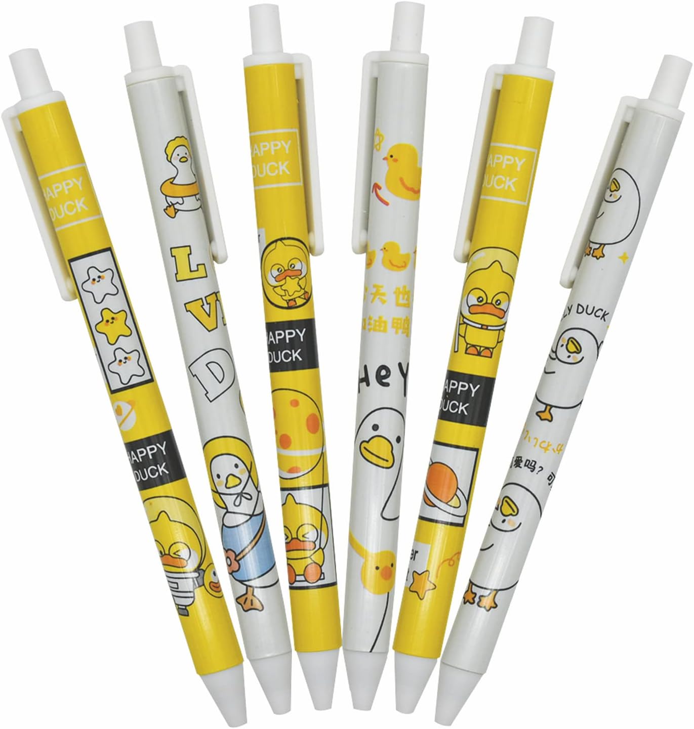12PCS Little Yellow Duck Print Retractable Gel Pens Black Ink For Kids