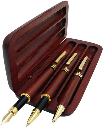 3Pcs Wooden Fountain Ballpoint Gel Pens Set with Gift Case