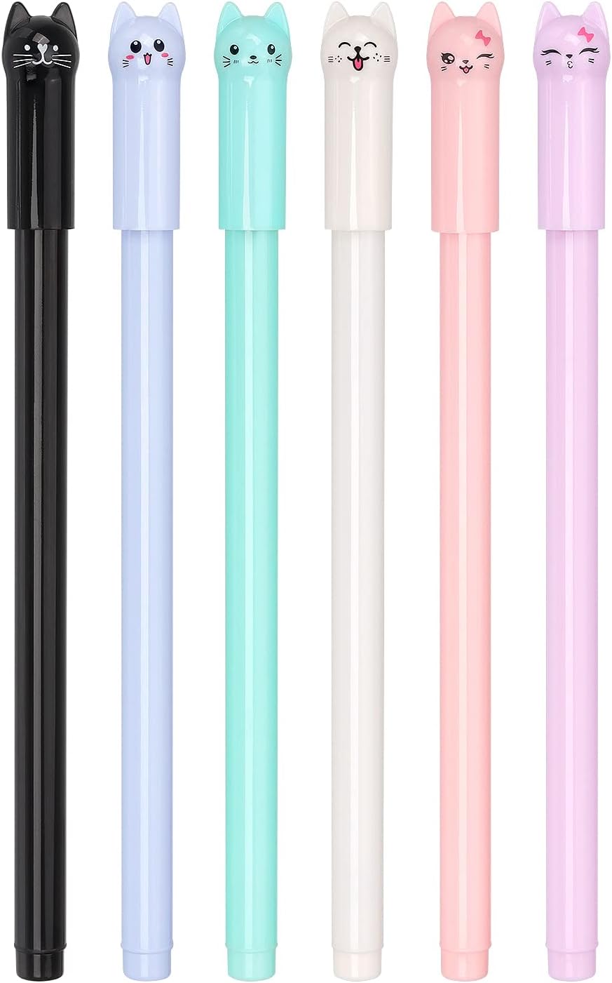 6 Pack Colorful Cat Kawaii Gel Pens 0.5mm Black Ink