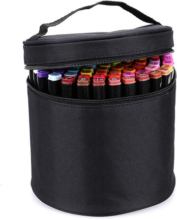 Round Marker Pen Case Stationary Storage Bag for 80 Markers,Black