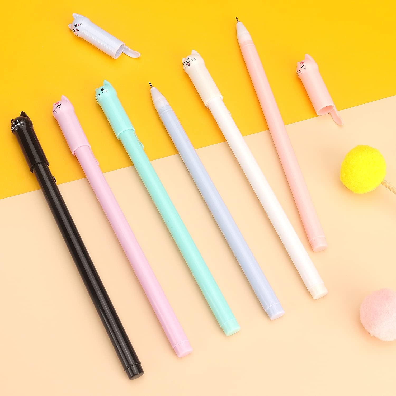6 Pack Colorful Cat Kawaii Gel Pens 0.5mm Black Ink