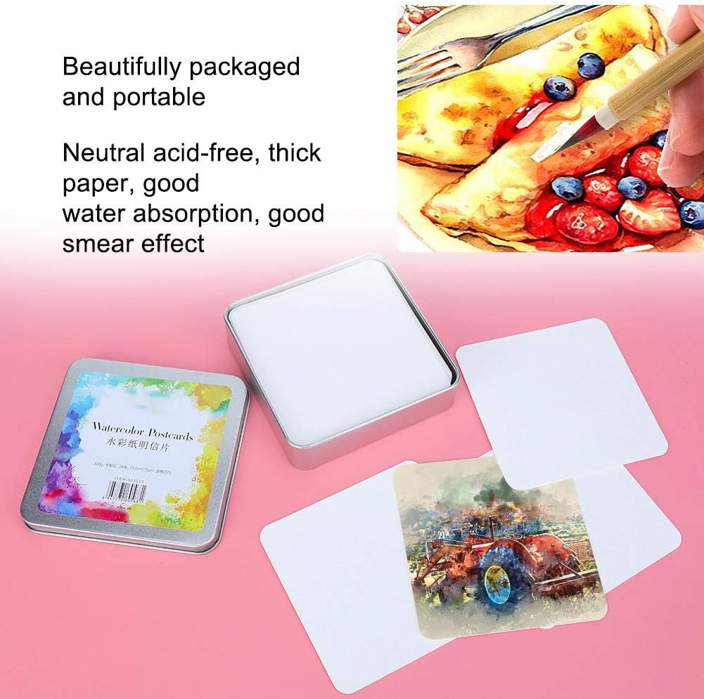 Watercolor Postcards,Paper Craft Art Supplies (Square Tin Box 24 Sheet)