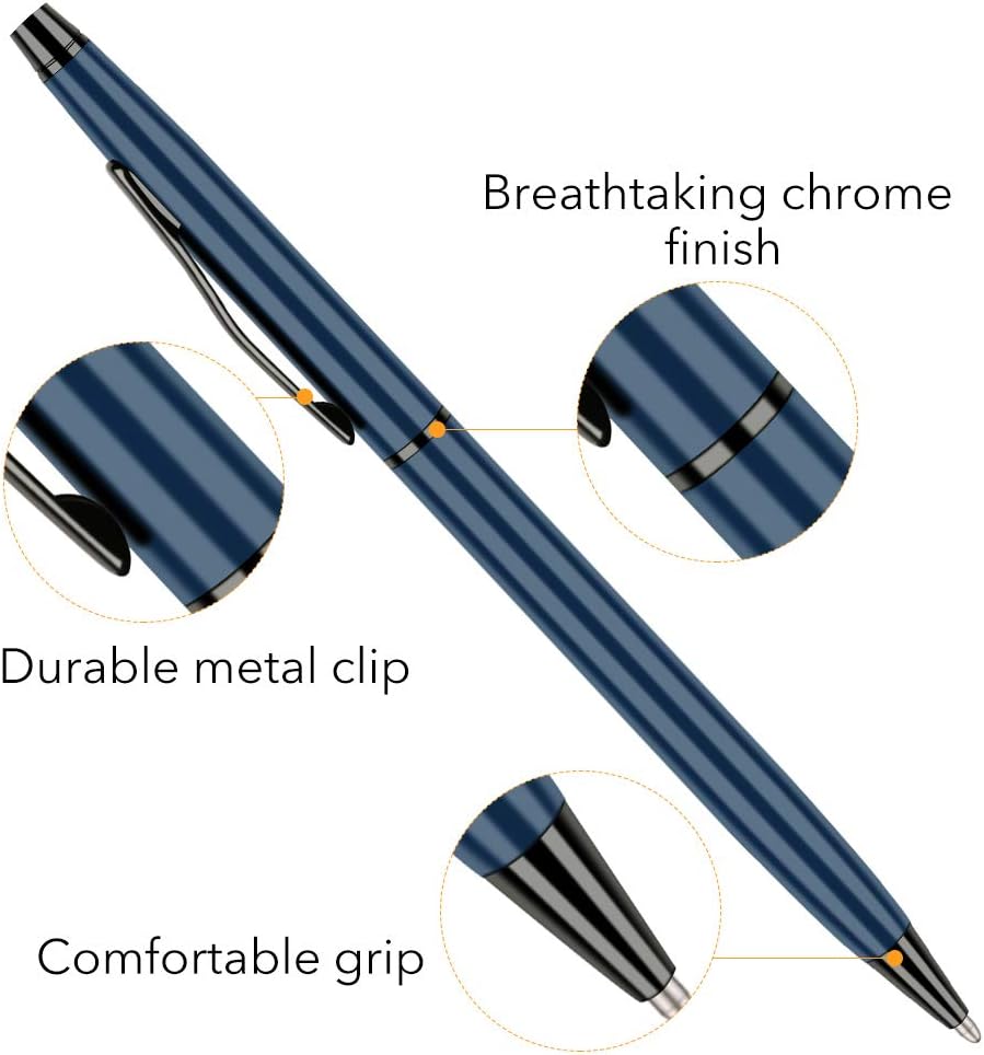 Slim Metallic Blue Retractable Ballpoint Pens Black ink 6 Pack