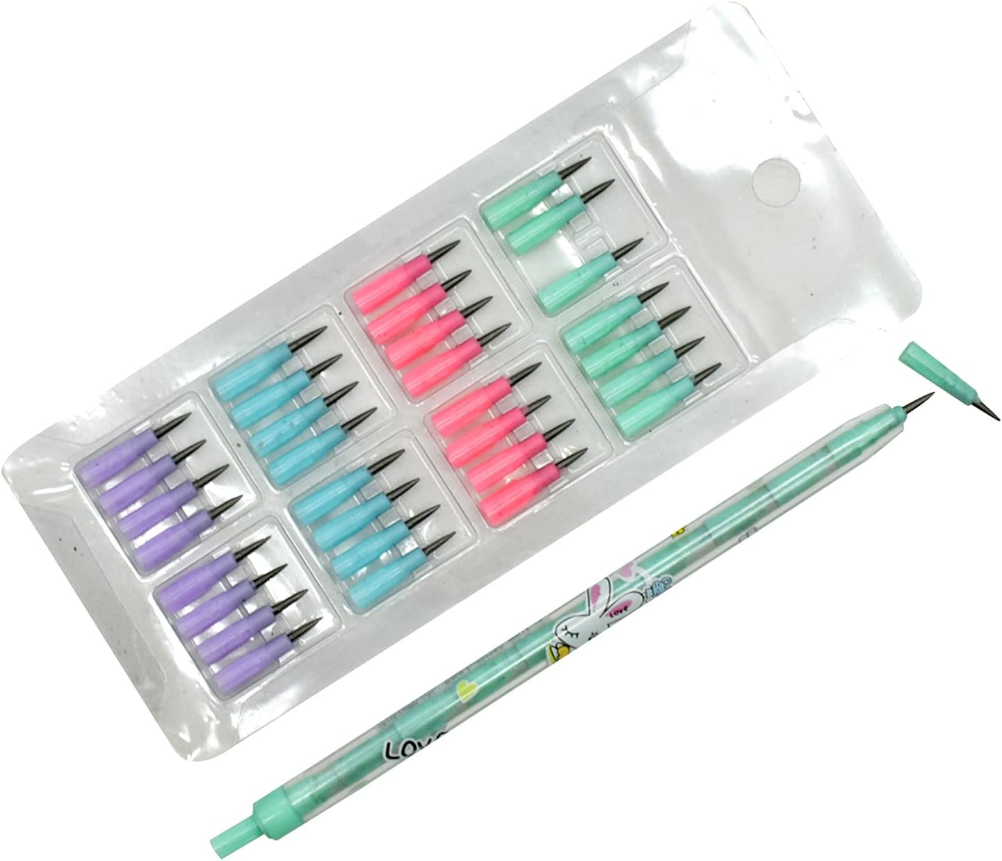 12PCS Cute Bunny Non-Sharpening Stackable Pencils with 64 Refills