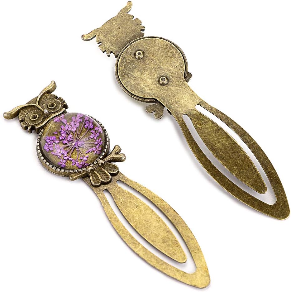 6 Metal Bookmark Clips Vintage Owl Bookmark Ruler with Dried Flower