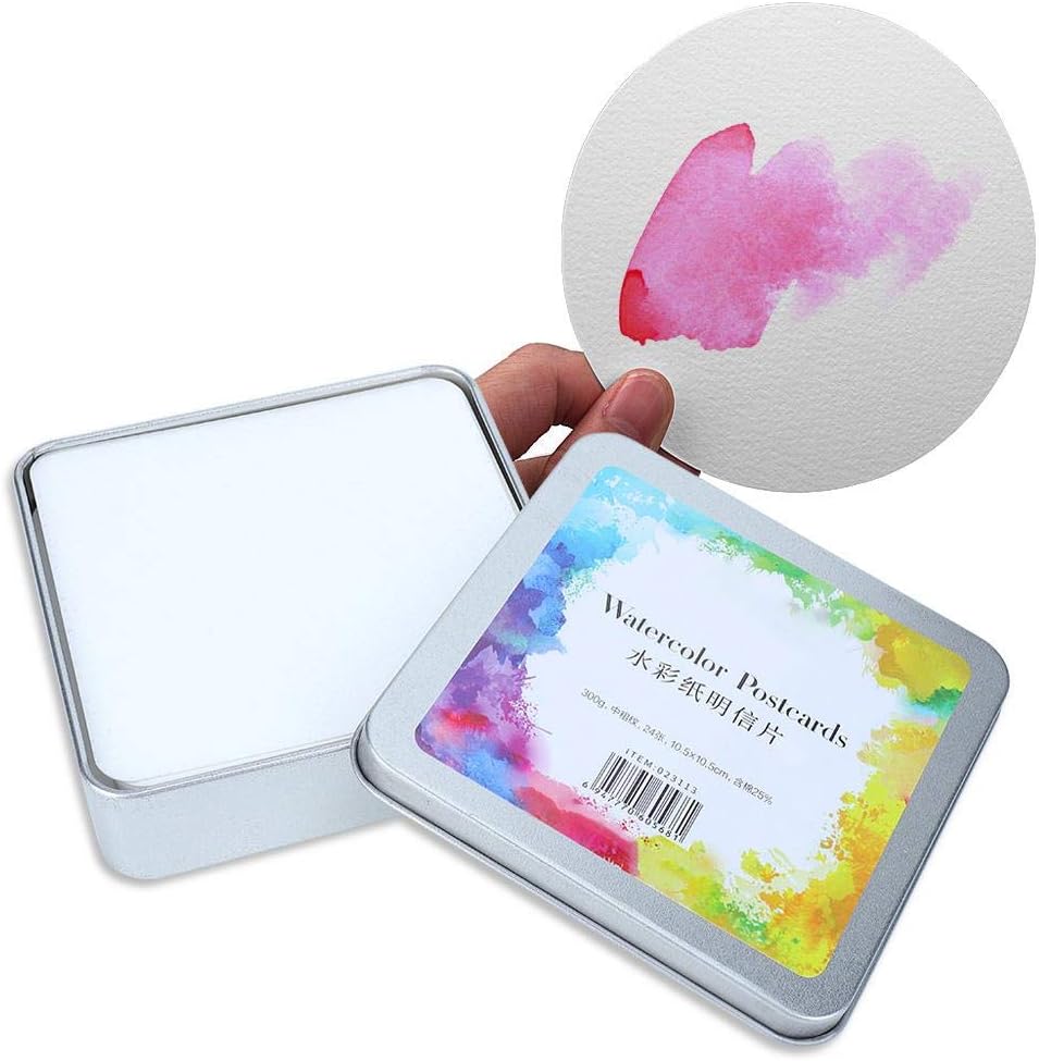 Watercolor Postcards,Paper Craft Art Supplies (Square Tin Box 24 Sheet)