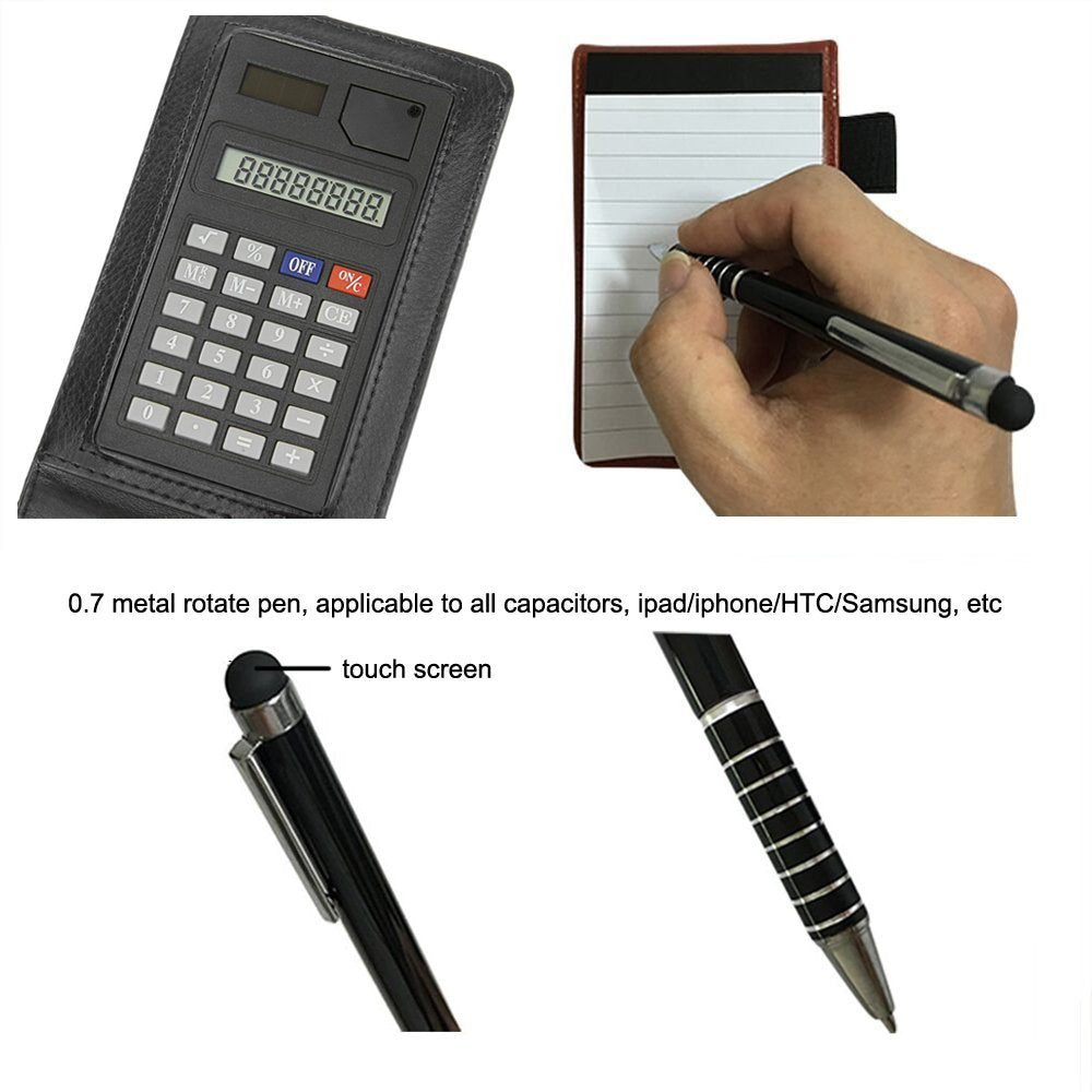 A7 Pocket PU Leather Mini Notepad with Calculator Ballpoint Pen Holder