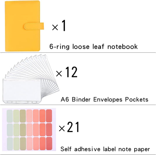 A6 Budget Binder,PU Leather with 12PCS Cash Pockets