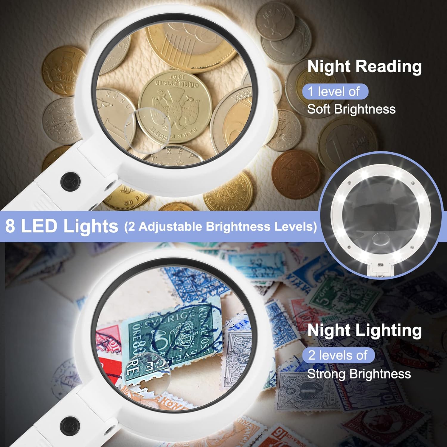 Desktop Magnifier Reader 10X Magnifying Glass 8 LED Lighted Desktop Magnifier for Reading,Craft