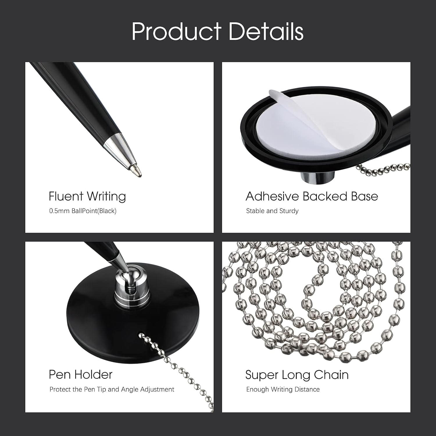 Secure Ballpoint Pen with Adhesive Chain for Reception Counter 6 Pack