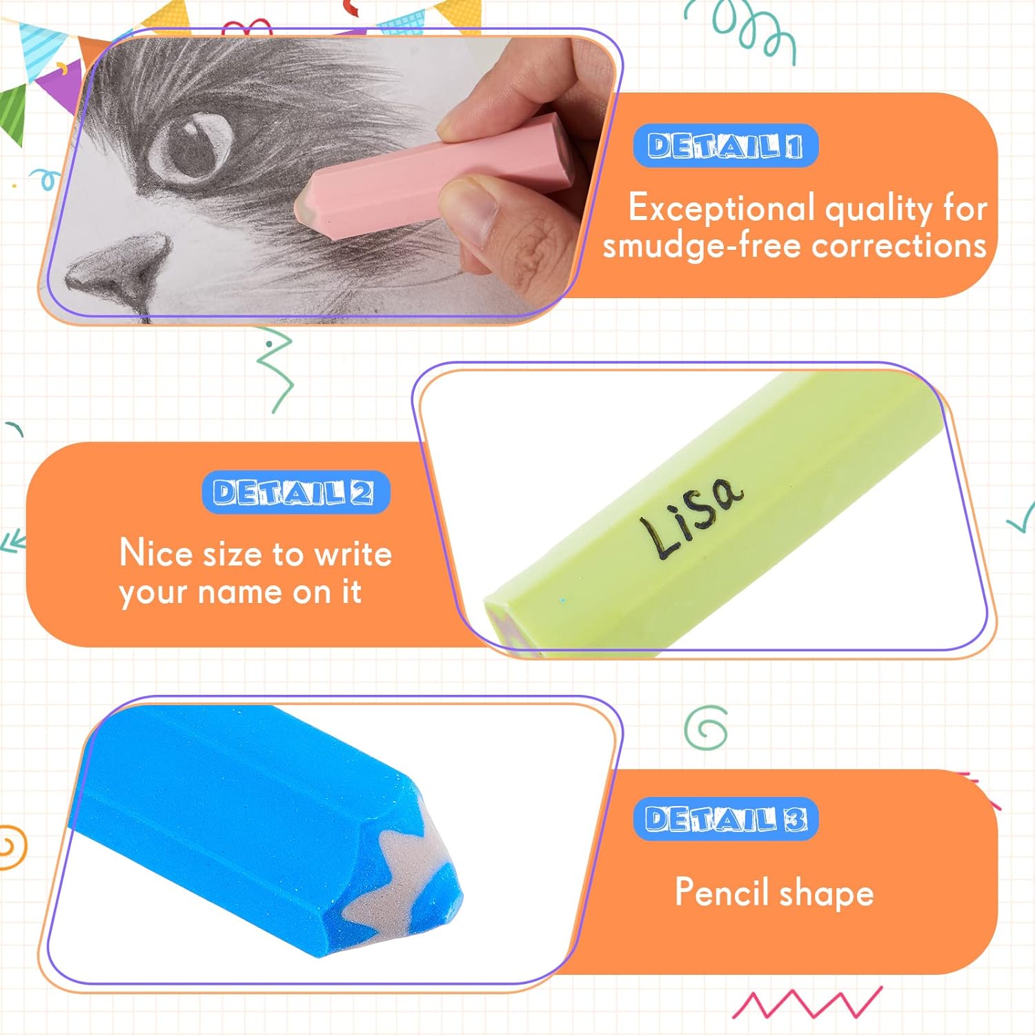20Pcs Kids Pencil Shaped Erasers 10 Neon Colors