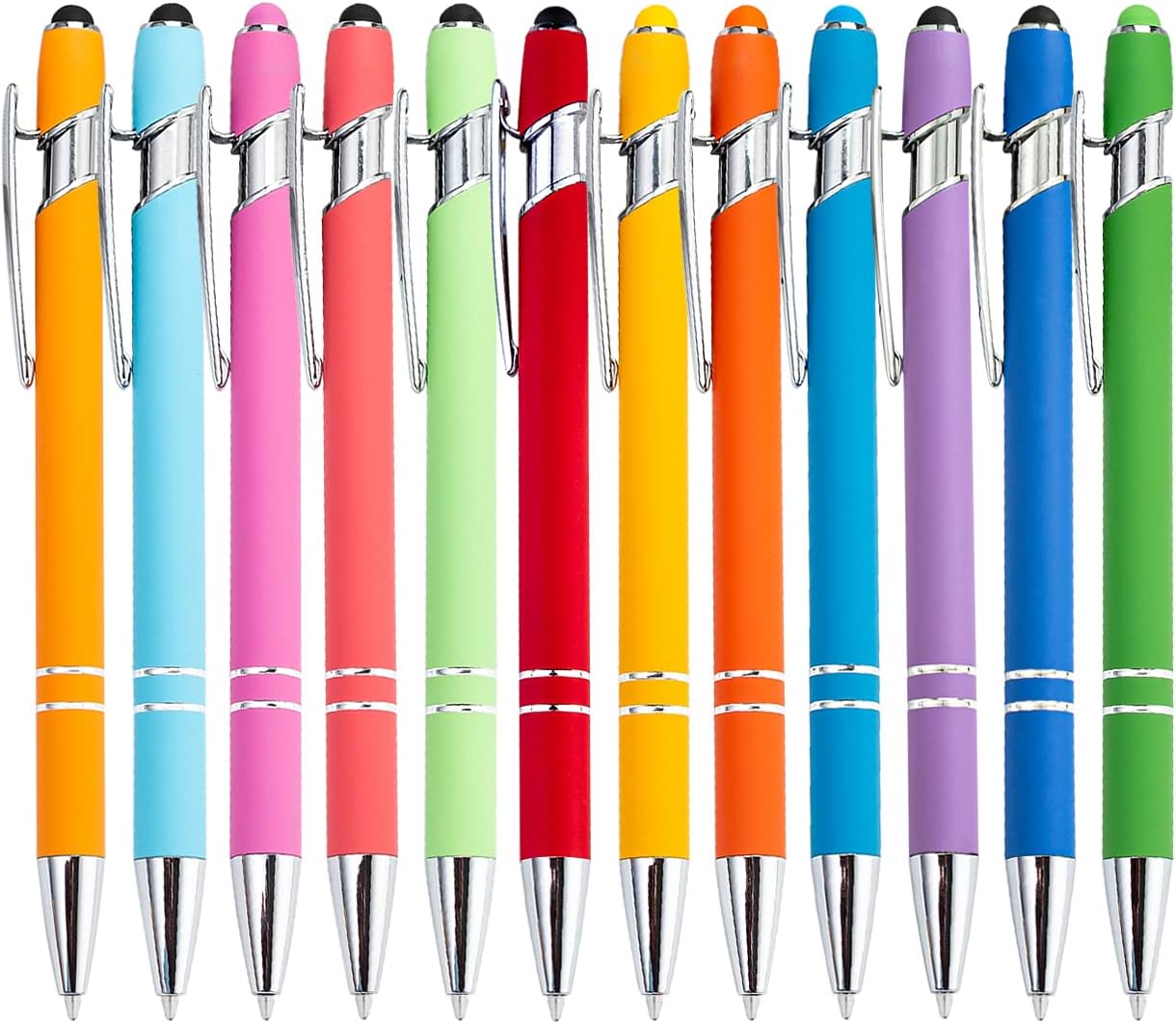 12 Pack Rainbow Rubberized Soft Touch Ballpoint Pen with Stylus Tip - TTpen