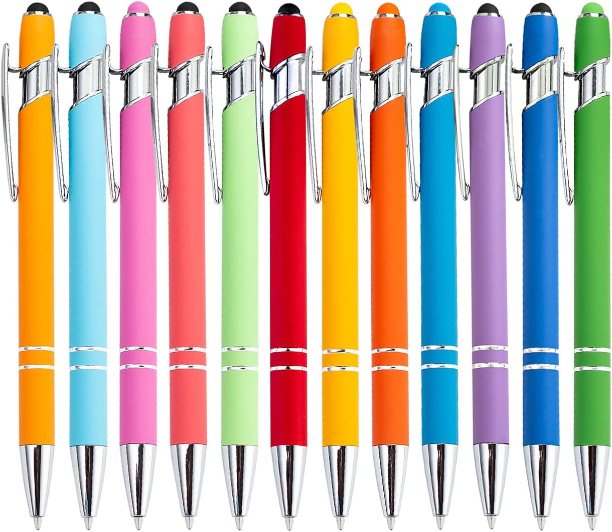 12 Pack Rainbow Rubberized Soft Touch Ballpoint Pen with Stylus Tip