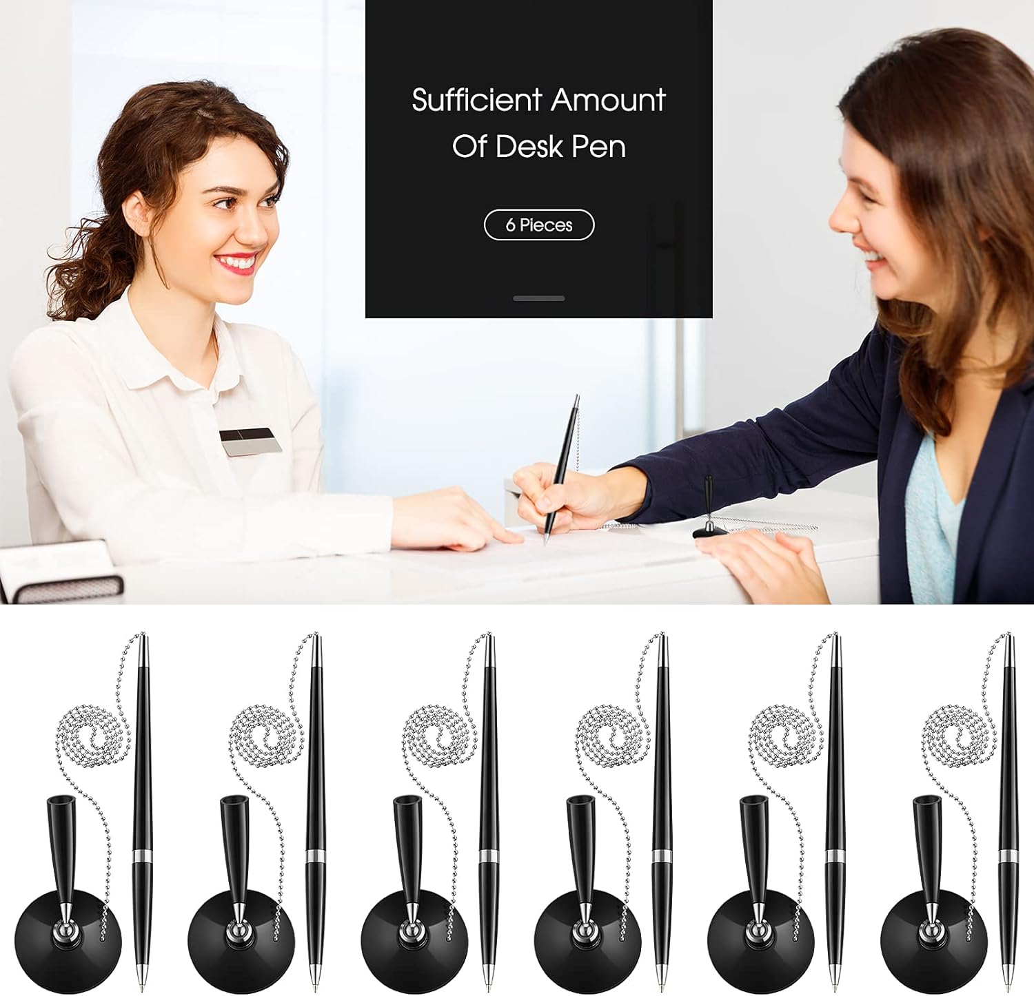 Secure Ballpoint Pen with Adhesive Chain for Reception Counter 6 Pack