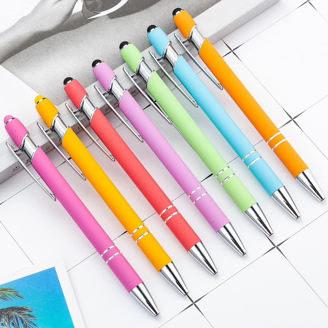 12 Pack Rainbow Rubberized Soft Touch Ballpoint Pen with Stylus Tip
