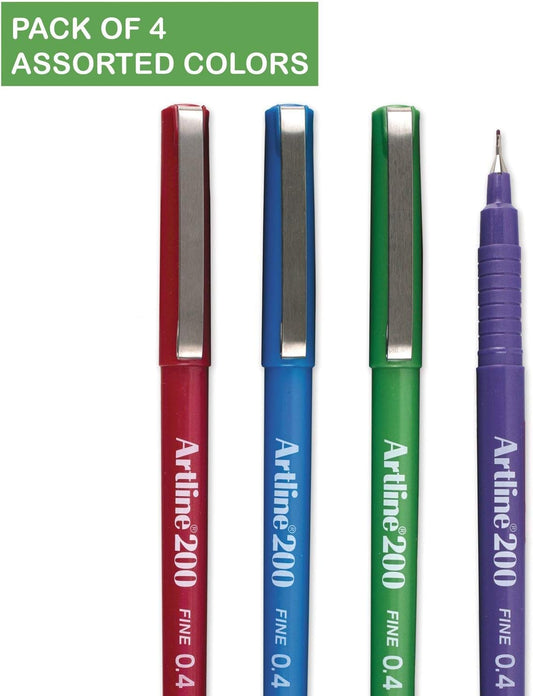 Artline 200 Fineline Writing Pens,0.4mm Assorted Colors (Pack of 4)