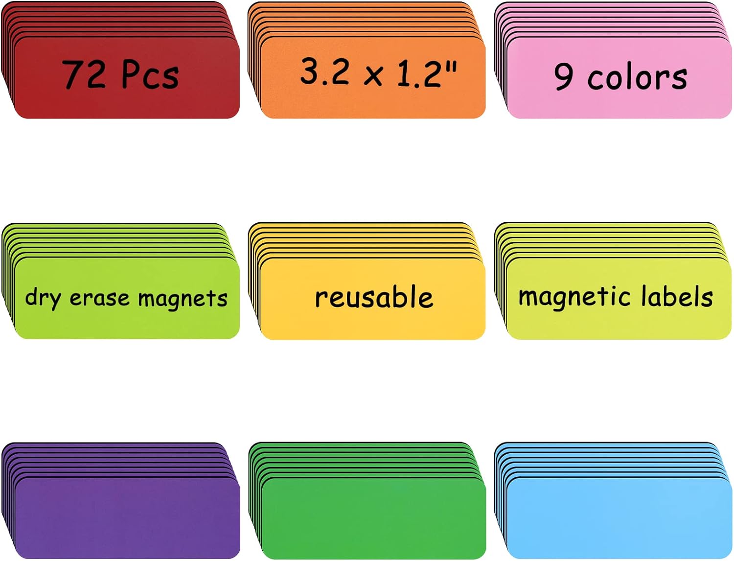 72Pcs Dry Erase Magnetic Labels,3.2 x 1.2" for Whiteboard,Refrigerator (9 Colors) - TTpen