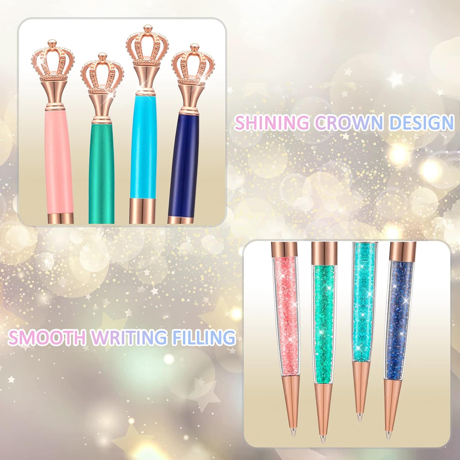 8 Pieces Crystal Crown Ballpoint Pen Set for Women Kid Girl