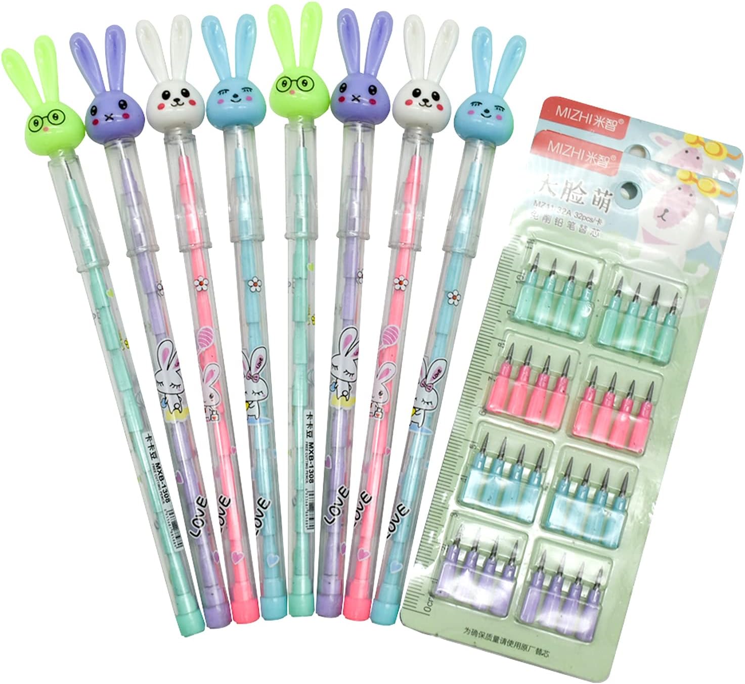 12PCS Cute Bunny Non-Sharpening Stackable Pencils with 64 Refills