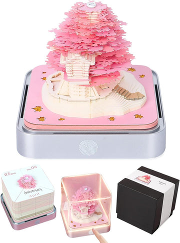 2024 Desk Calendar With LED Lights Sakura Tree House Pink Green