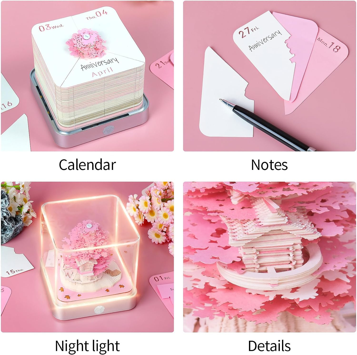 2024 Desk Calendar With LED Lights Sakura Tree House Pink Green