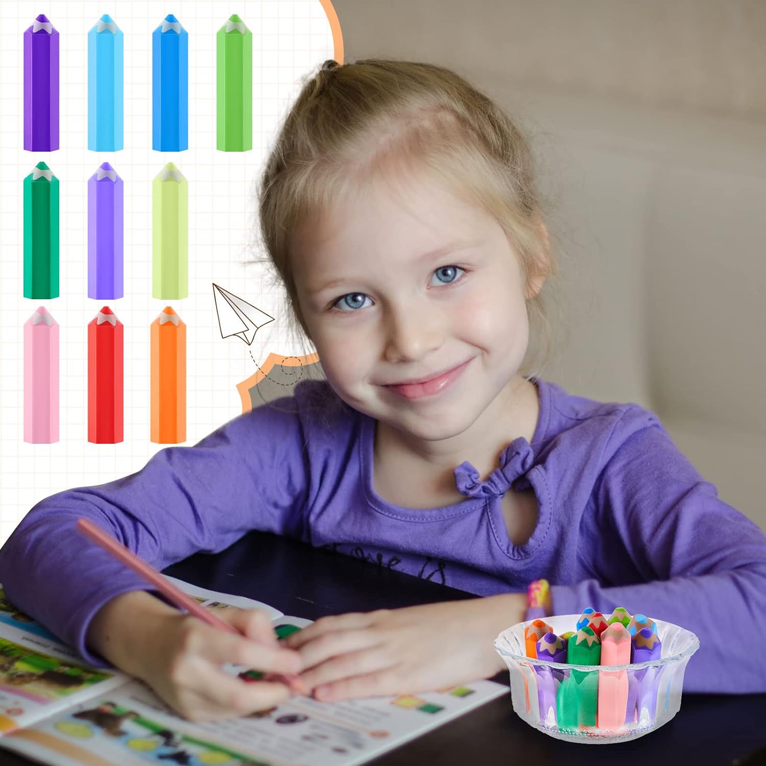 20Pcs Kids Pencil Shaped Erasers 10 Neon Colors