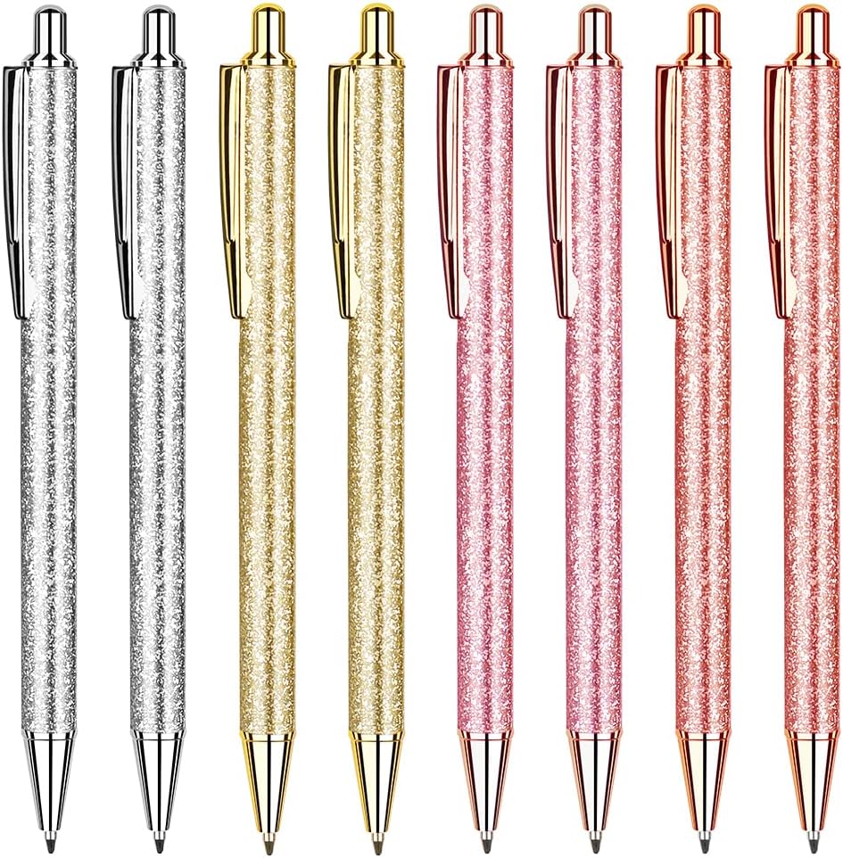 8Pcs Glitter Ballpoint Pens,Rose Gold Metal Retractable Journaling Pens - TTpen