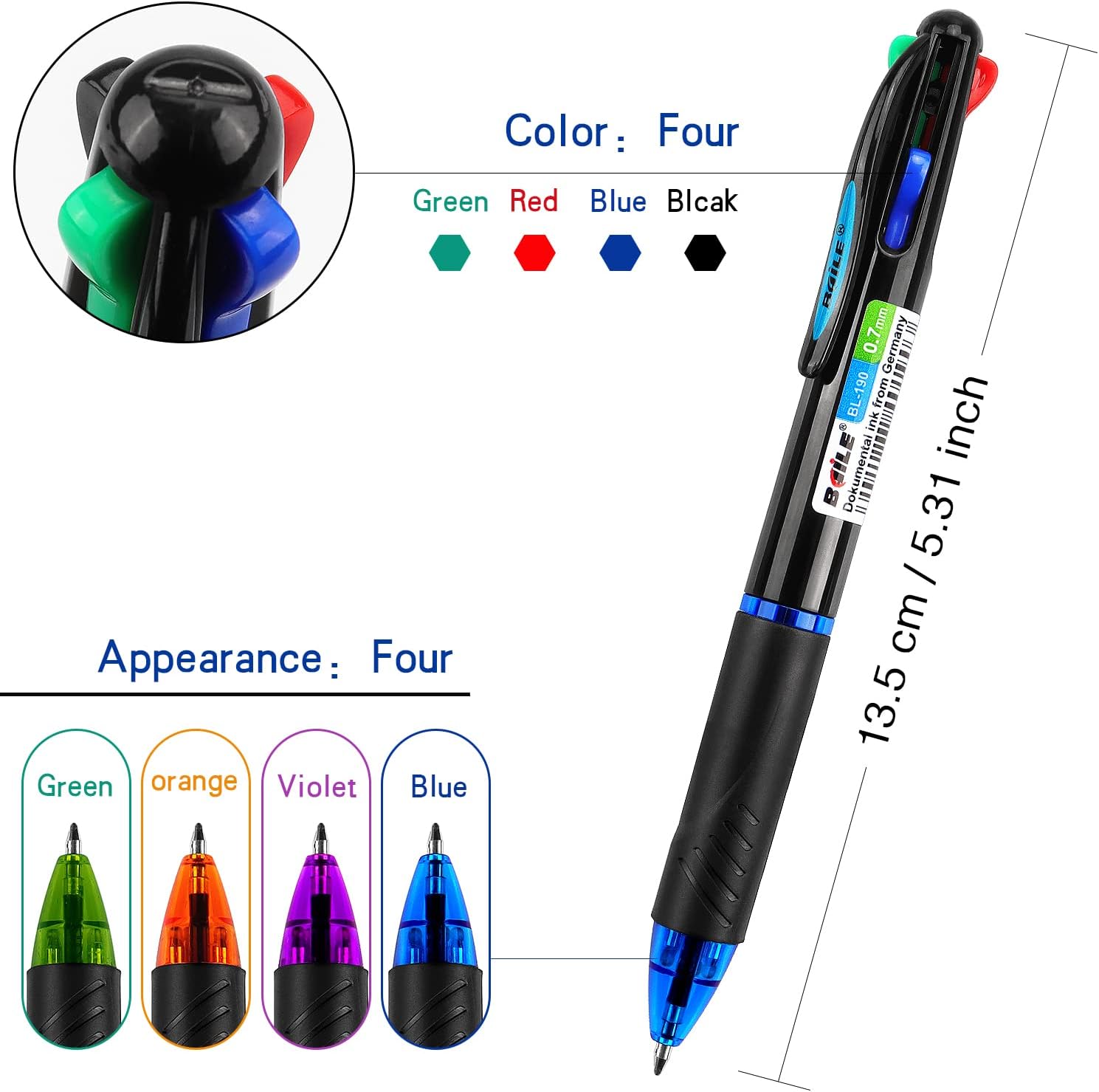 Multicolor Ballpoint Pens 4in1 0.7mm Retractable Gift Pens