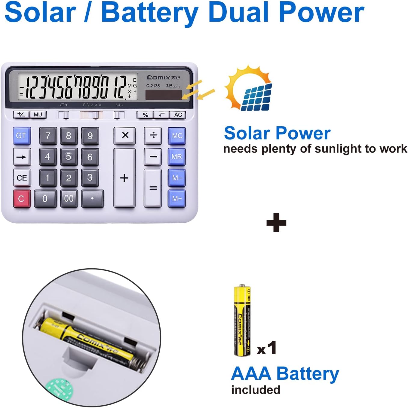 Comix C-2135 Desktop Calculator Solar Battery Dual Power with 12-Digit