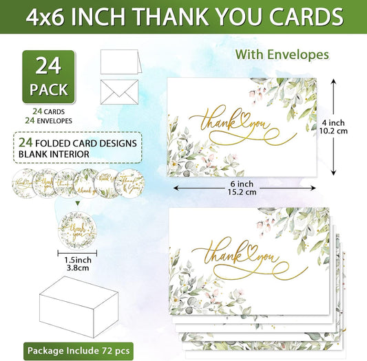 72 Pieces Watercolor Thank You Cards with Envelopes and Stickers Set