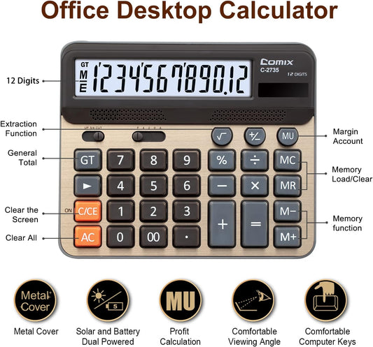 Comix C-2735 Desktop Calculator,Large Computer Keys,12 Digits Display