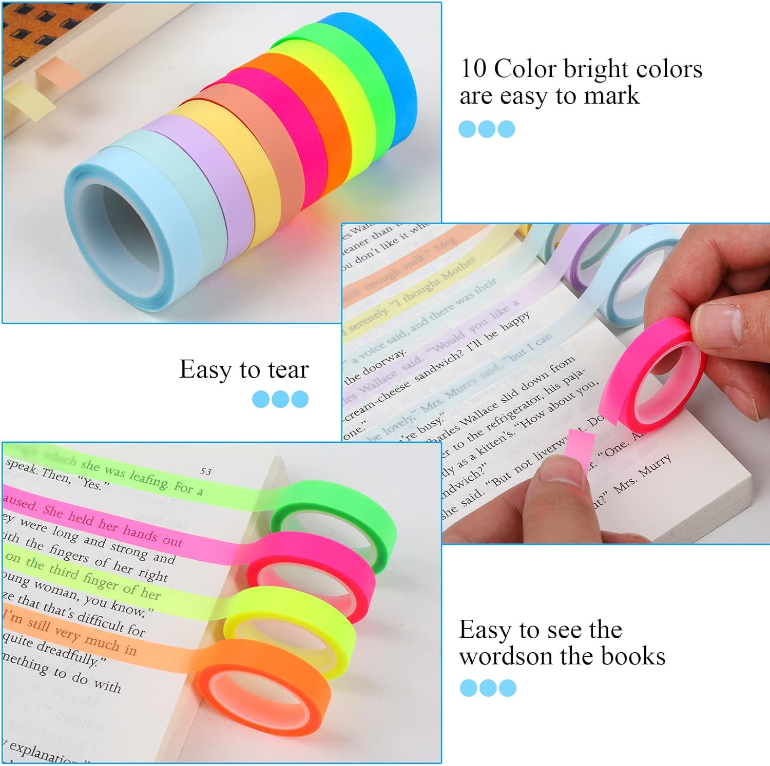 10 Rolls Highlighter Tape Removable for Books Classroom