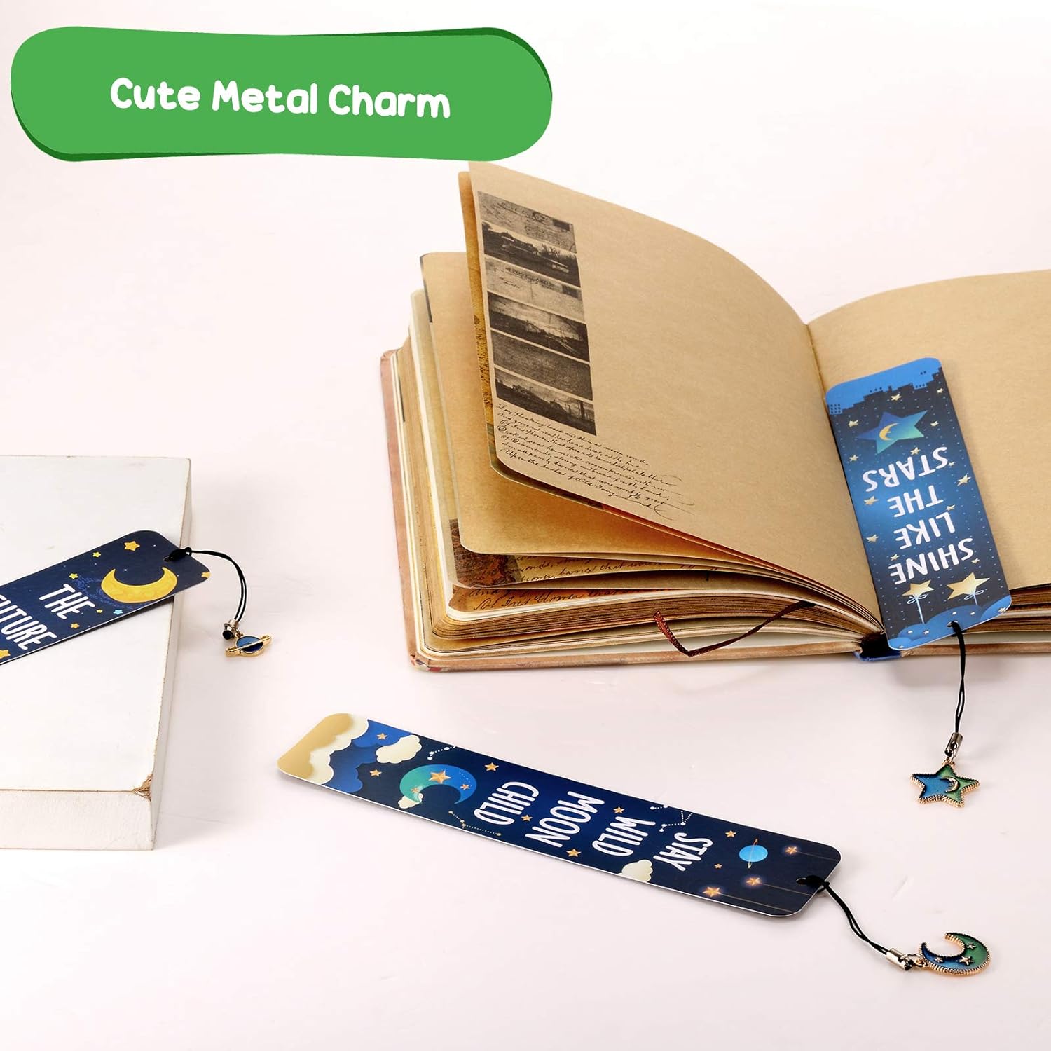 12Pcs Cat Moon Star Space Bookmarks with Metal Charms