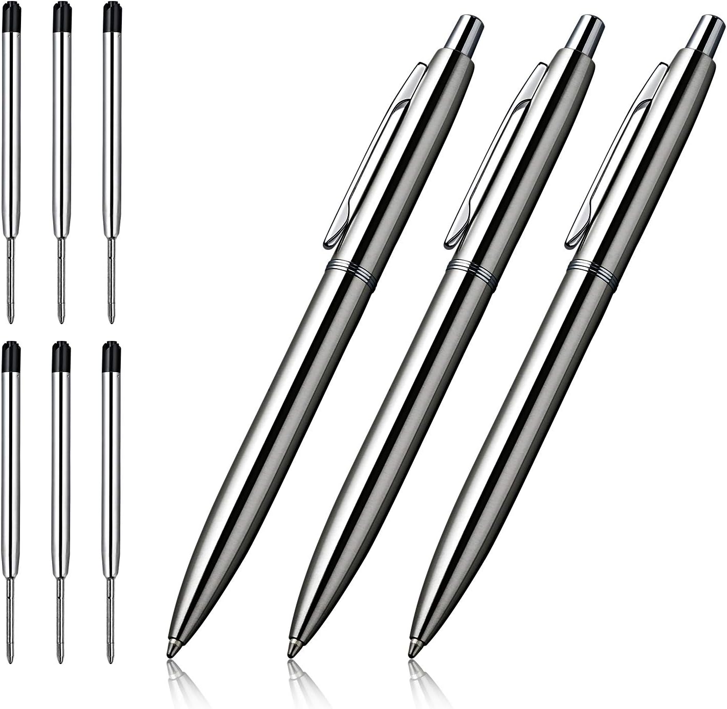 3Pcs Retractable Stainess Steel Metal Ballpoint Pens,6 Replaceable Refills