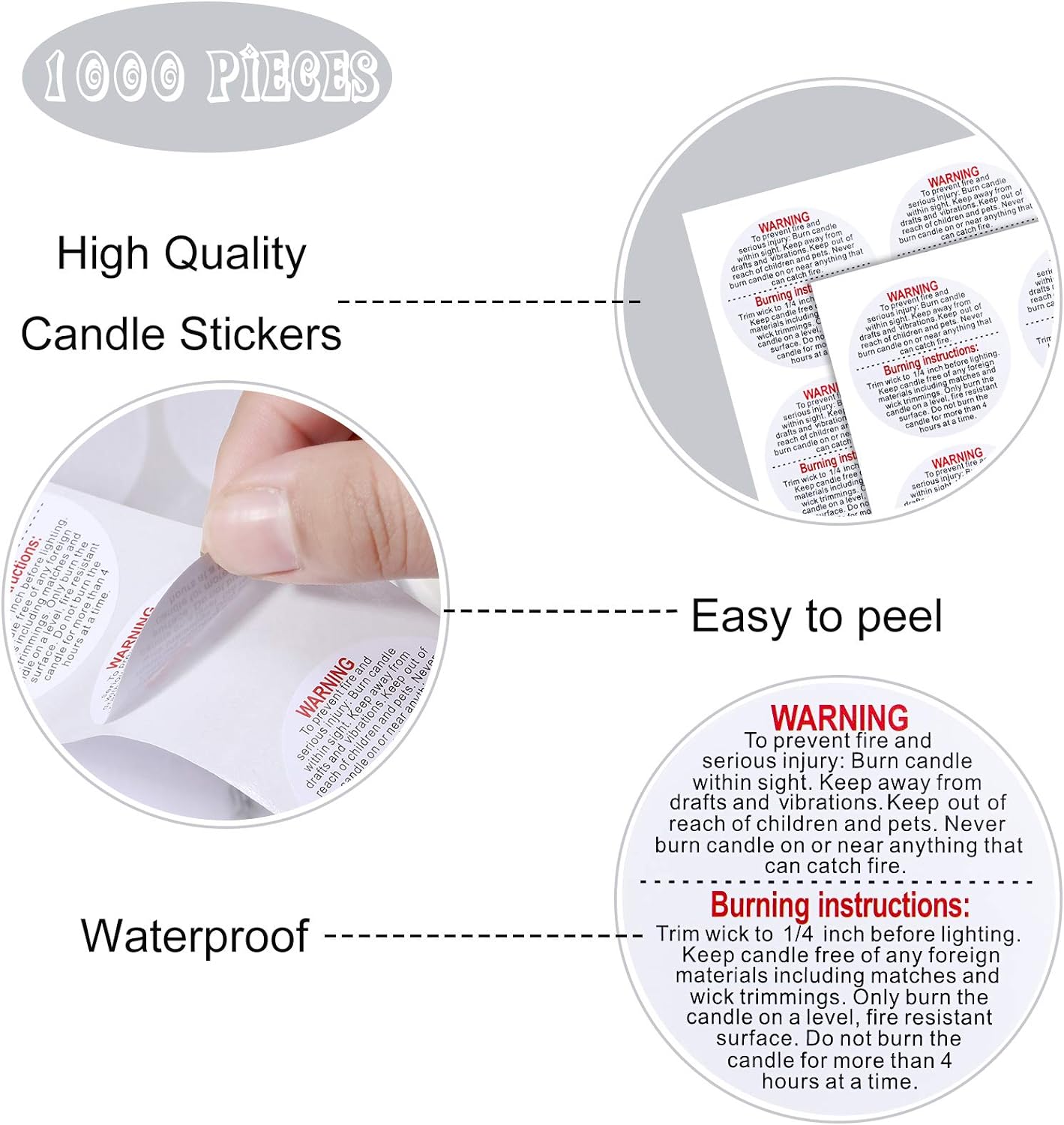 1000PCS Candle Jar Container Safety Warning Stickers Labels 1.5 Inch