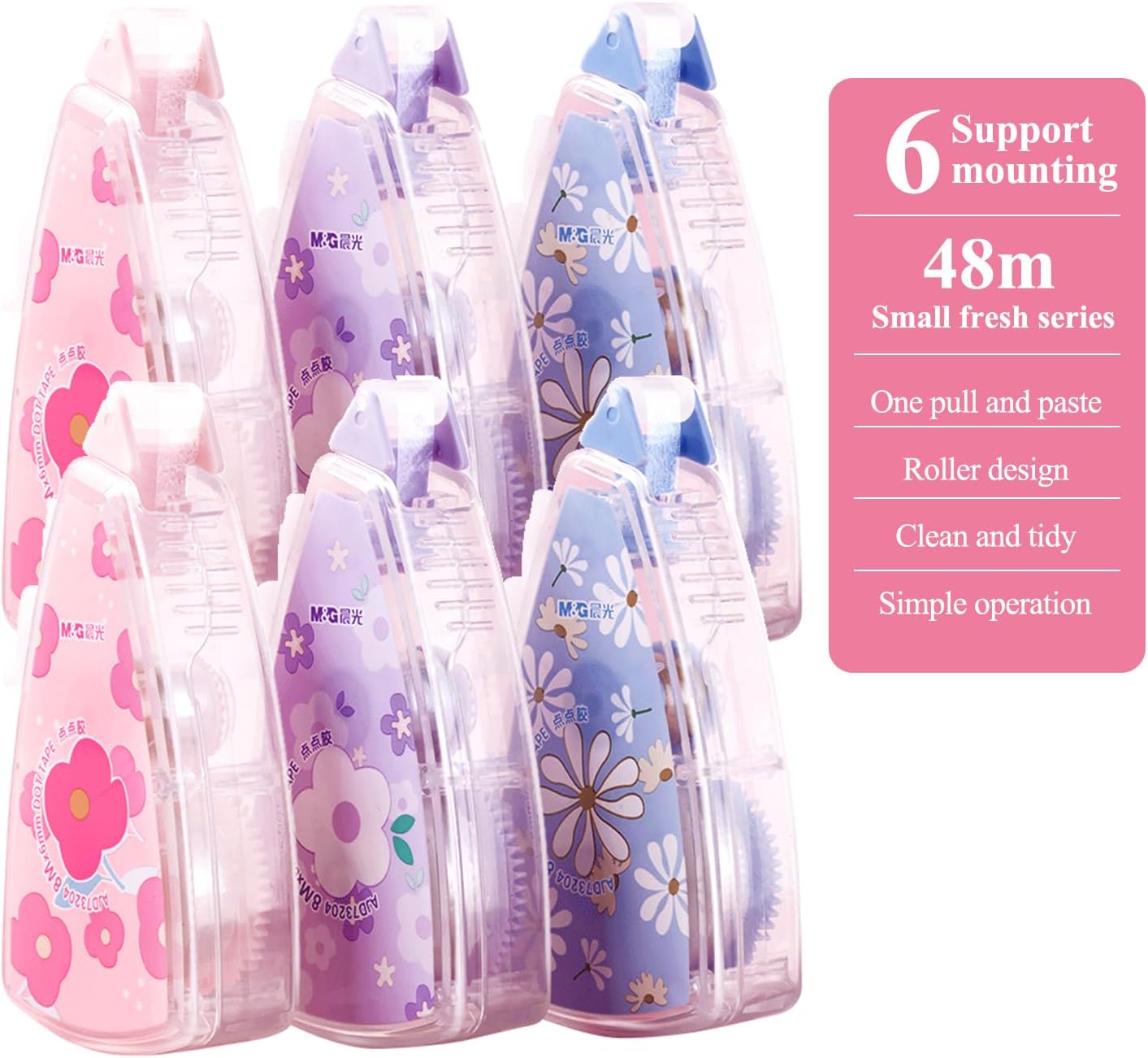 M&G Double Sided Glue Transparent Tape Roller,48M/157FT,6 Pack