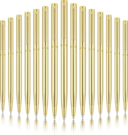 Gold Slim Metal Retractable Ballpoint Pens Black Ink 1mm 15 Pack