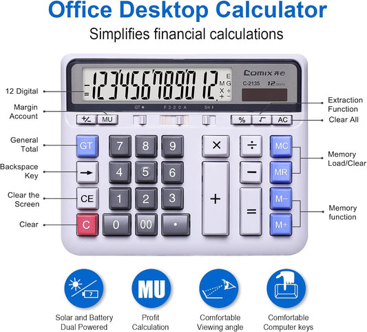 Comix C-2135 Desktop Calculator Solar Battery Dual Power with 12-Digit