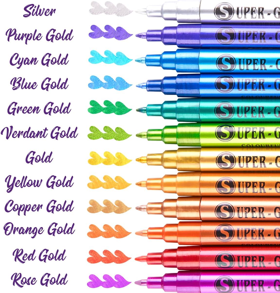 12 Color Super Golden Metallic Paint Marker Pens,Ultra Fine Point 0.7mm